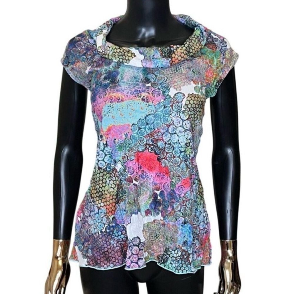 SnoSkins Abstract Crinkle Mock Neck Cap Sleeve Top L Multicolor